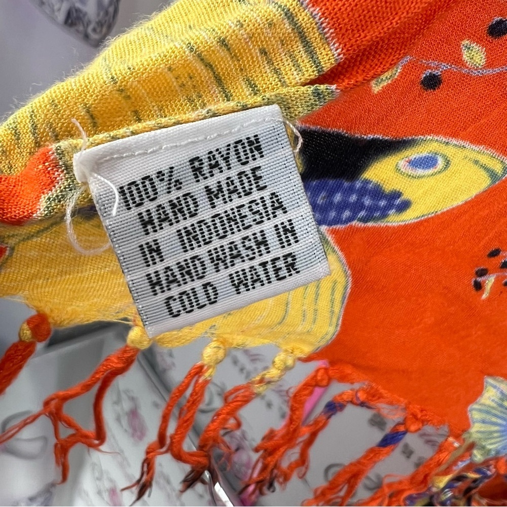 Scarf wrap fish Vibrant Orange Rayon Tapestry with Yellow & Blue Fish Print - Picture 6 of 8